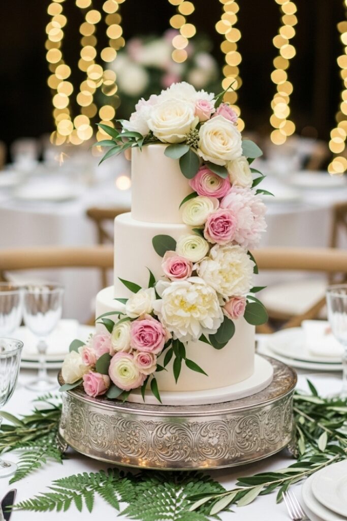 Classic White Tiered Cake with Floral Cascade