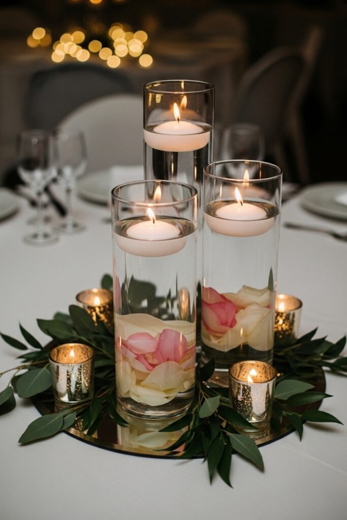 Romantic Roses & Floating Candles in Tall Cylinders