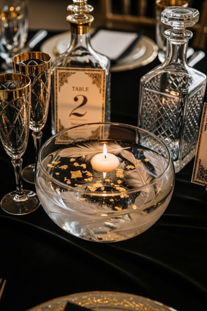 Floating Candles & Feathers in Art Deco Bowls
