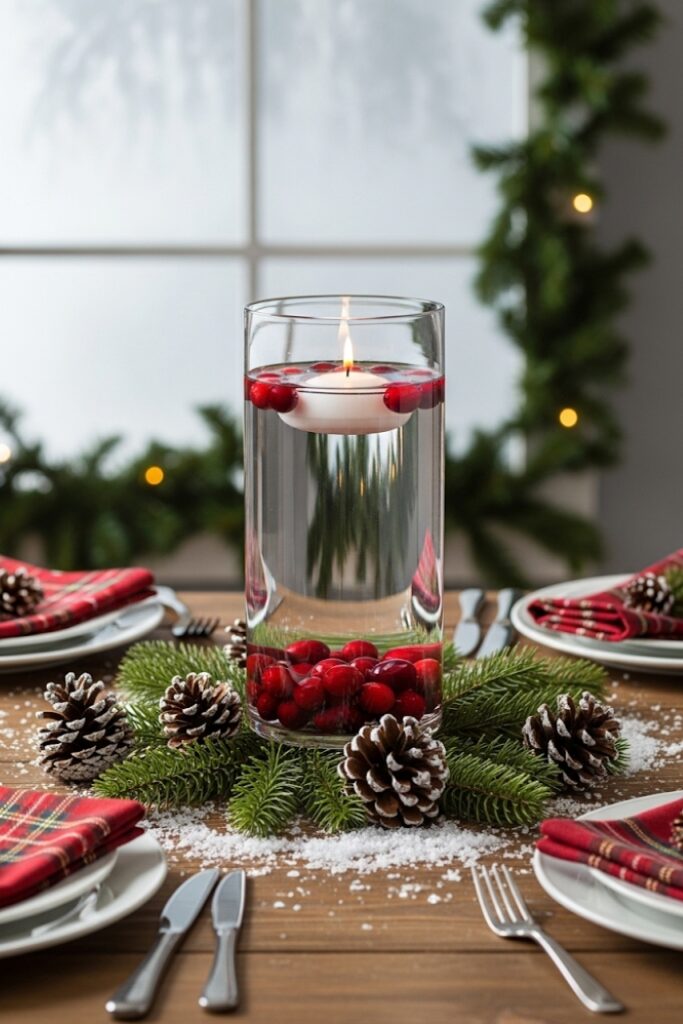 Floating Candles with Cranberries & Pine for Winter Charm
