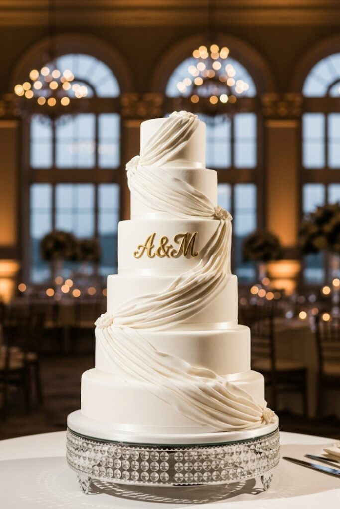 Tall Tiered Monogram Cake with Sugar Drapes