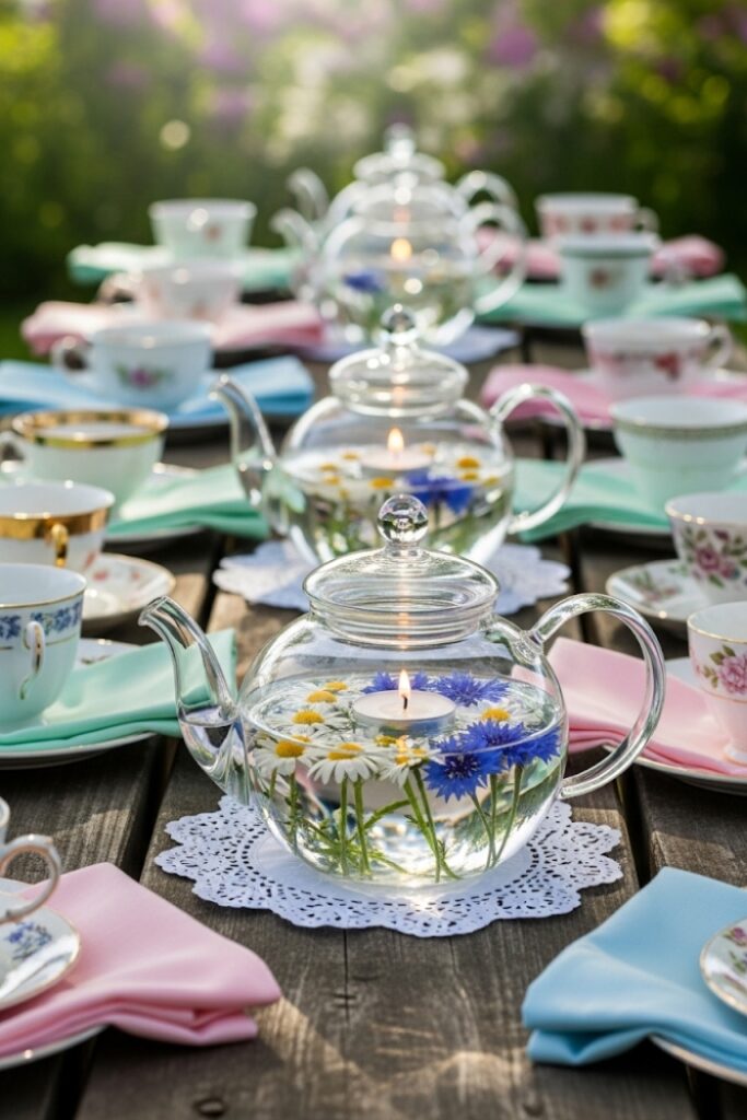 Floating Candles in Glass Teapots with Wildflowers