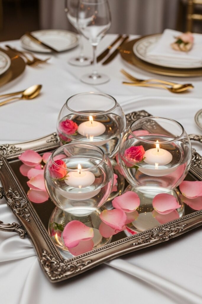 Romantic Mirror Tray with Floating Candles & Rosebuds