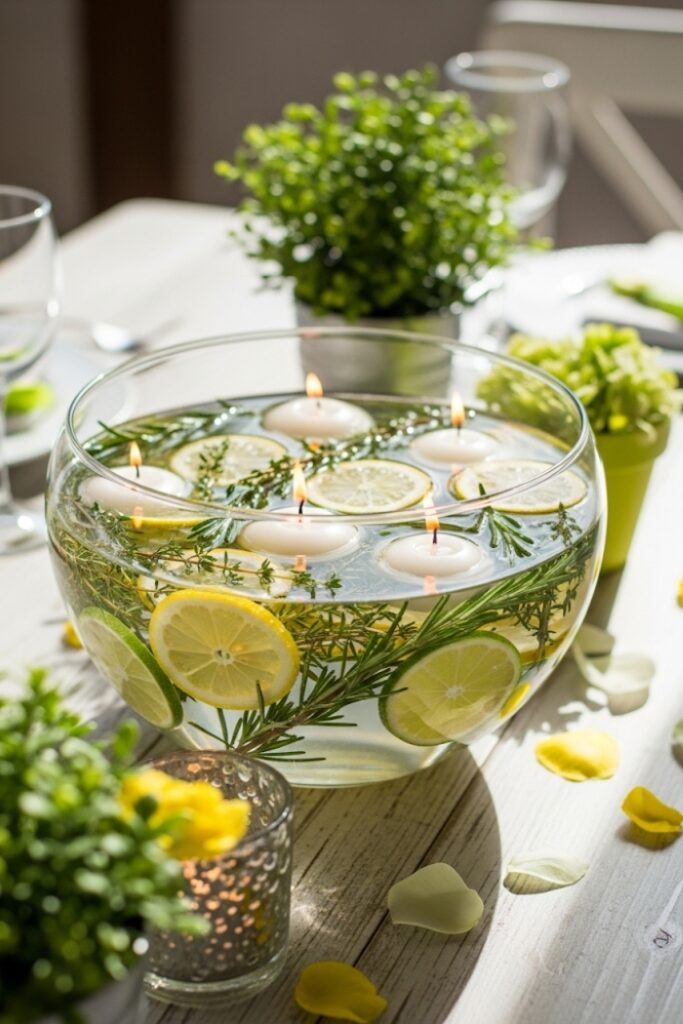 Floating Candles with Citrus Slices & Herb Sprigs