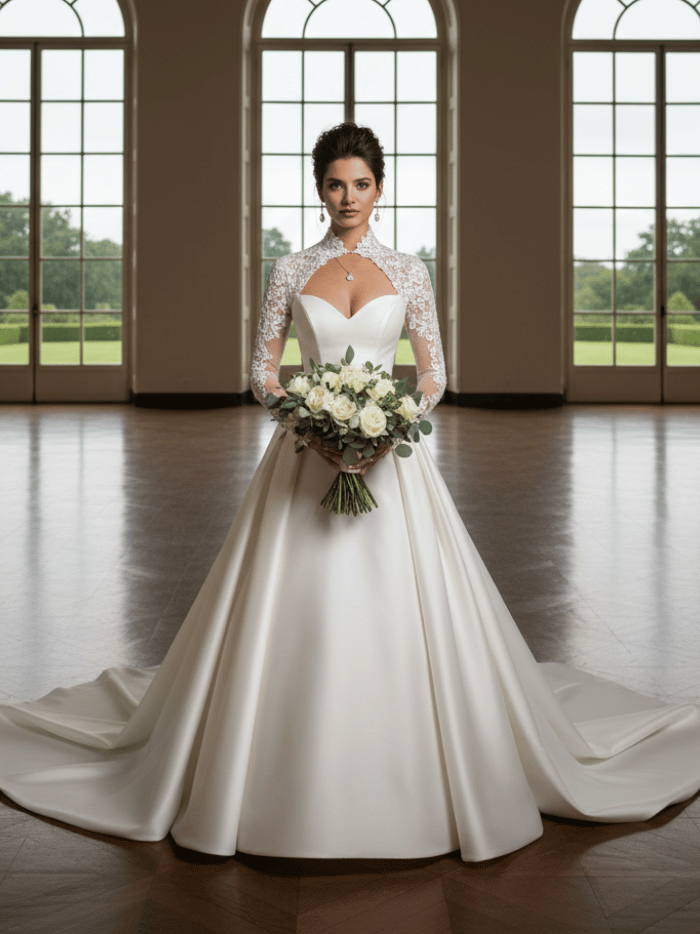Queen Anne wedding dress Neckline