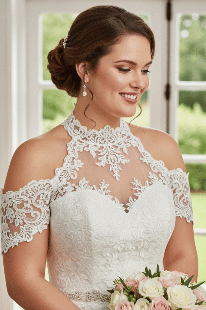 Illusion Lace Halter with Off-Shoulder Detail