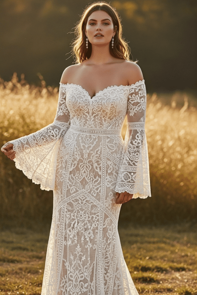 Off-Shoulder Bell-Sleeved Lace Gown
