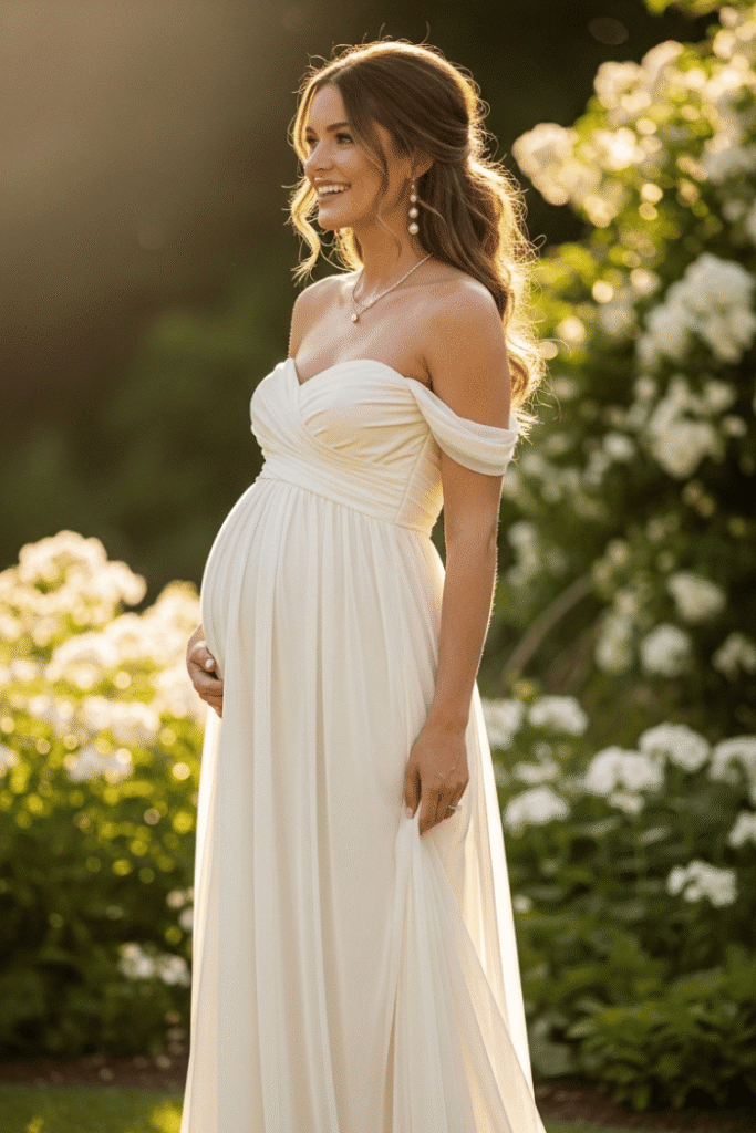 Stylish Maternity Bardot Ruched Mesh Maxi